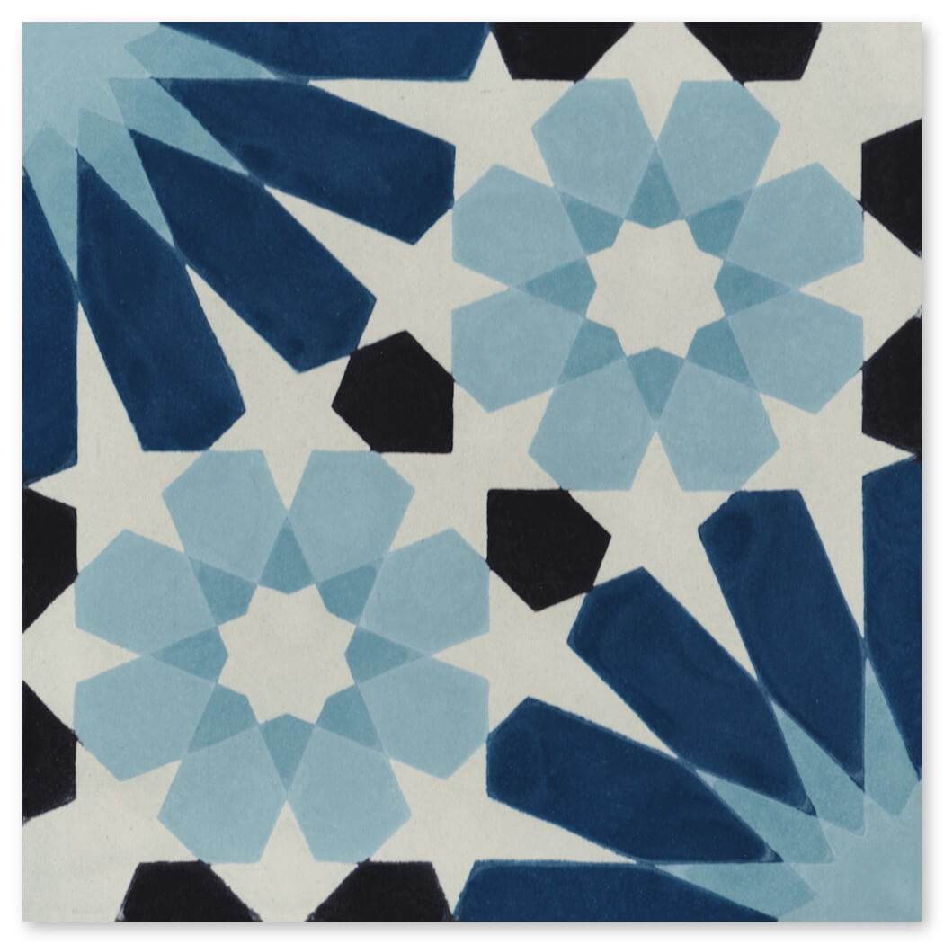 The N20-029 Blue sample from New York Cement Tile features blue stars, black triangles, and a white mosaic-style background.
