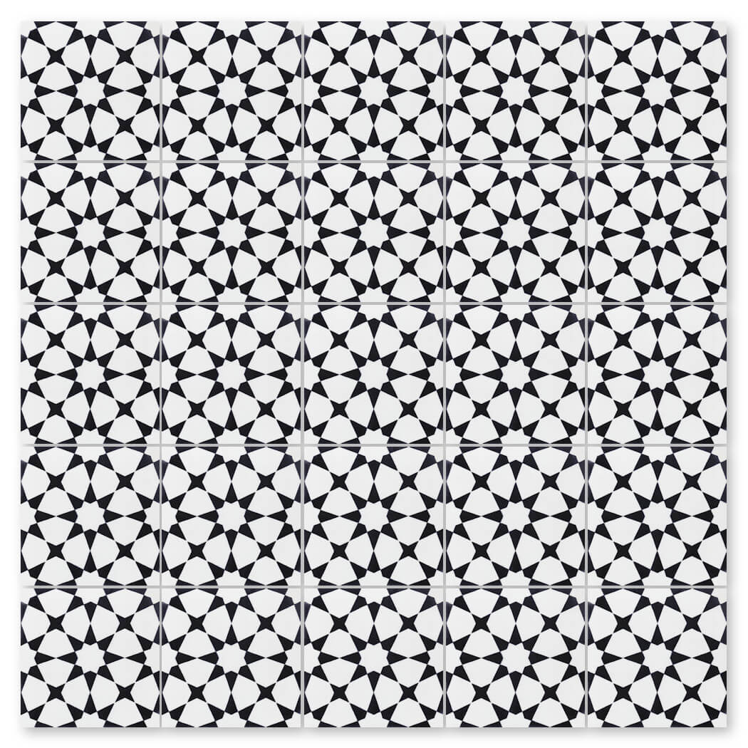 N20-271 White & Black by New York Cement Tile features a star and diamond pattern, inspired by handcrafted tile floors.