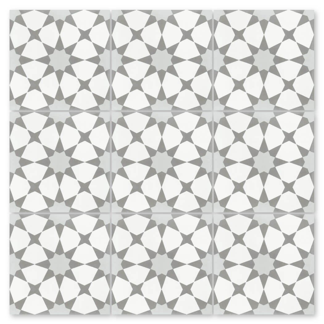 N20-271 Silver by New York Cement Tile features nine handcrafted tiles with a gray and white star and diamond pattern.