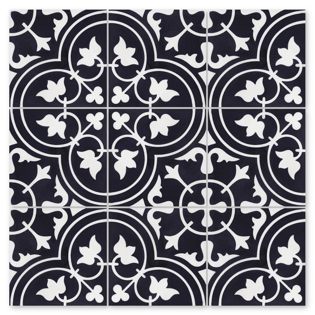 The N20-045 Black sample by New York Cement Tile features floral and geometric motifs, ideal for durable flooring.