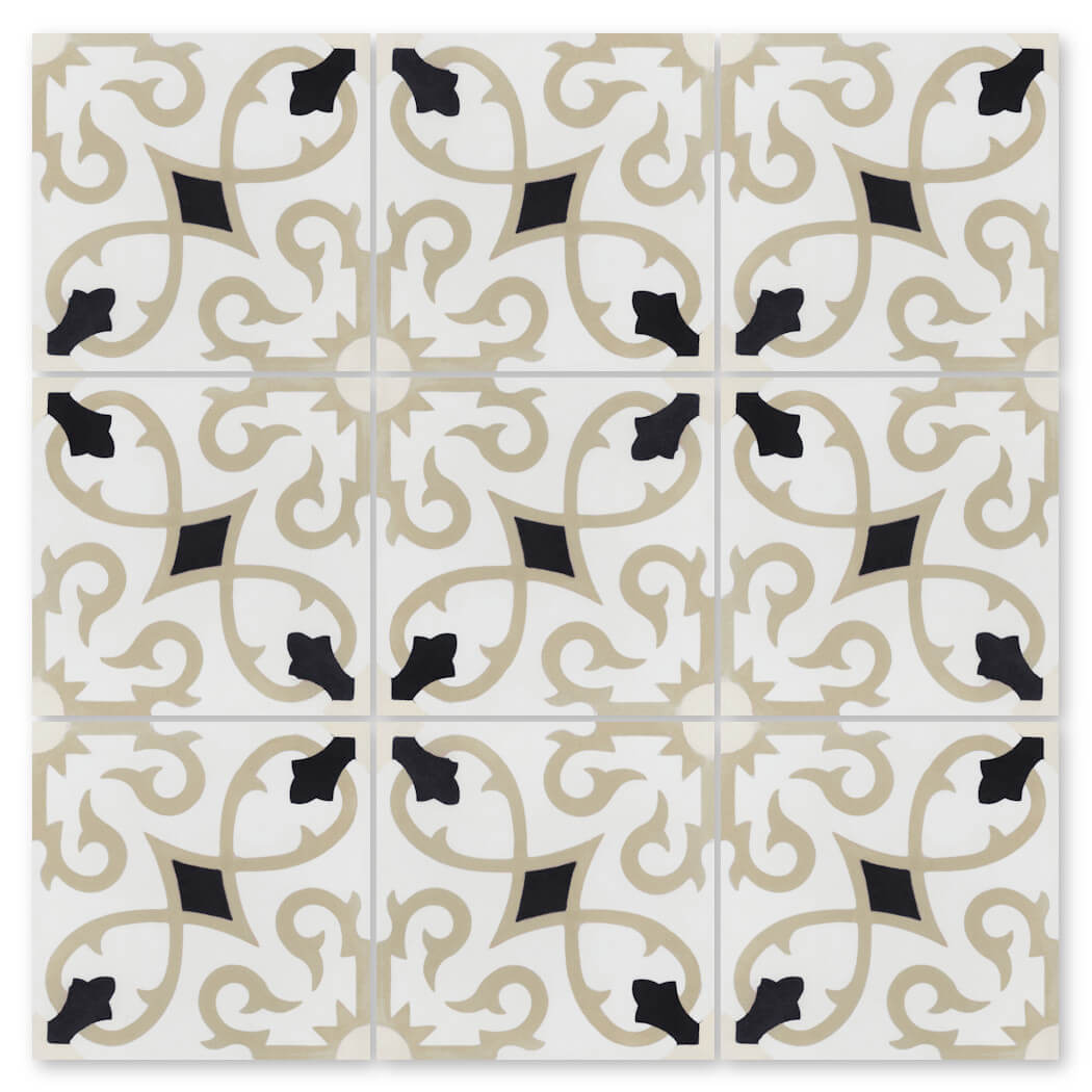 Charlotte Primero sample from New York Cement Tile features beige, black, and white ornate patterns in a symmetrical grid.