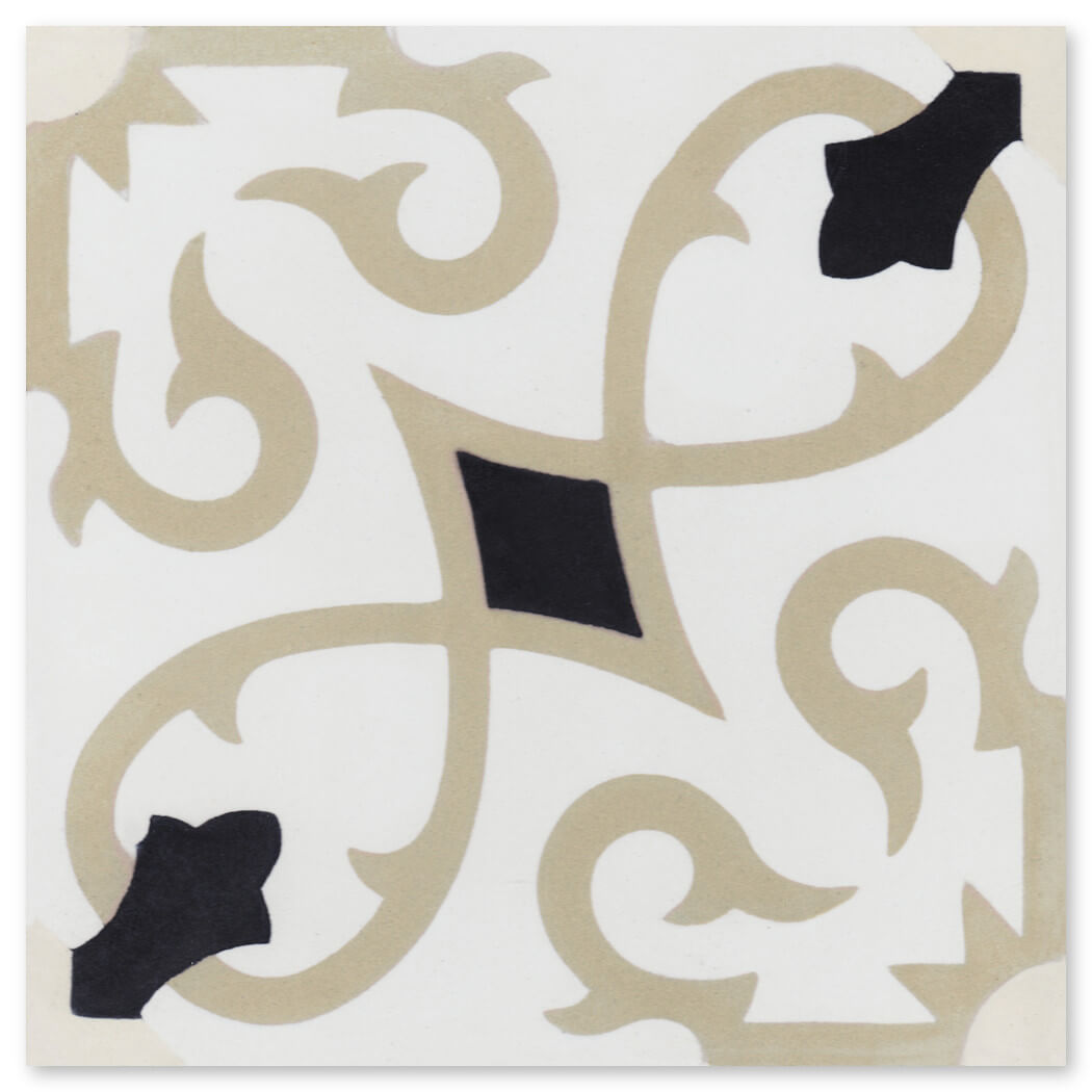 Charlotte Primero, Extra Sample by New York Cement Tile features a cream and black ornate swirl on a white cement tile.