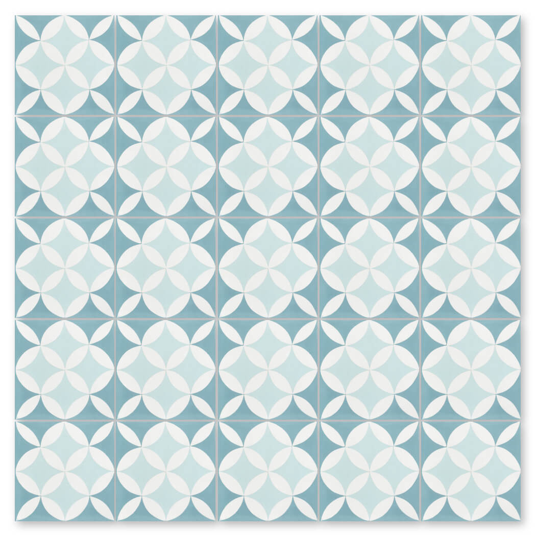 The N20-062 4400/2 by New York Cement Tile features blue and white geometric floral tiles in a classic grid pattern.