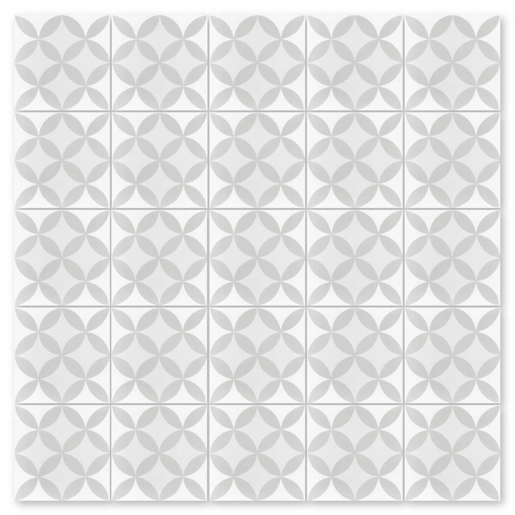 A grid of 25 N20-062 2245/6 New York Cement Tile samples with faint gray geometric circles and durable build.