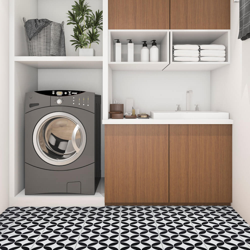 Modern laundry room with a washing machine, sink, wood cabinets, plants, and N20-061 White tiles by New York Cement Tile.