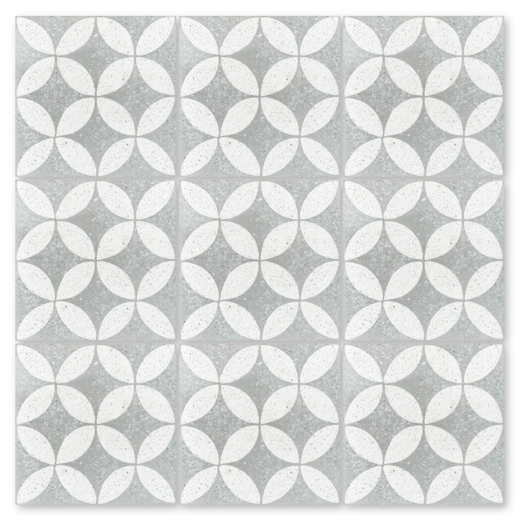 The NT20-061 2219 by New York Cement Tile has a gray and white flower-like geometric circle design for floors or mosaics.