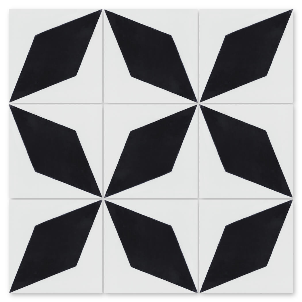 The N20-480 B&W sample by New York Cement Tile features bold white tiles with black diamonds for durable, geometric floors.