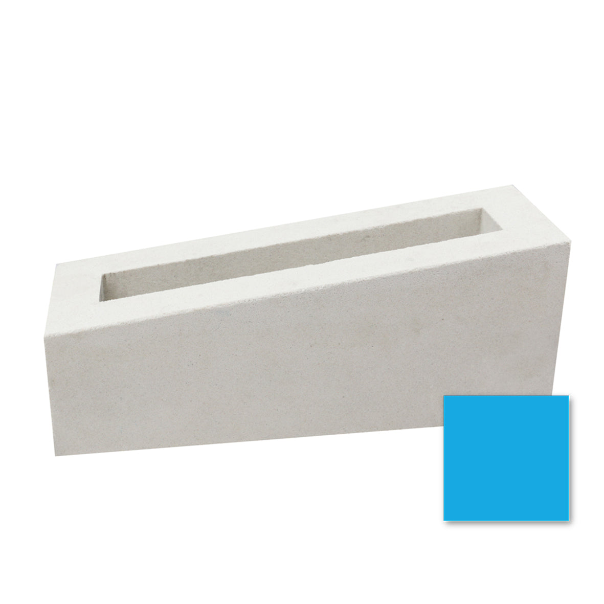 The Corsi Sample by New York Cement Tile is a white rectangular planter with a slanted top, shown next to a blue swatch.