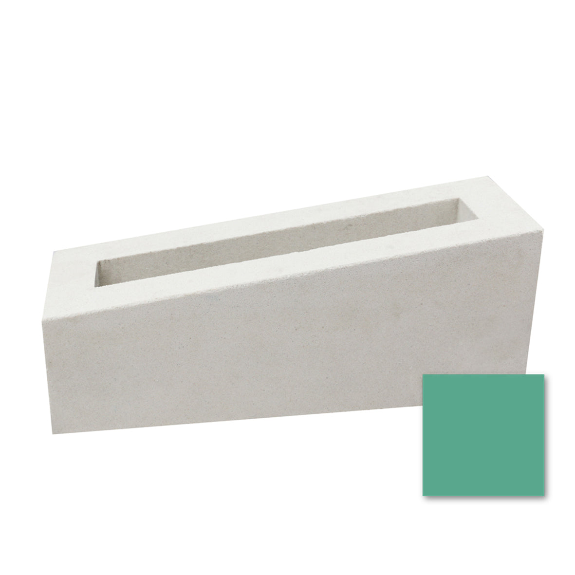 Corsi Sample by New York Cement Tile: rectangular, slanted white planter; green swatch at bottom right.