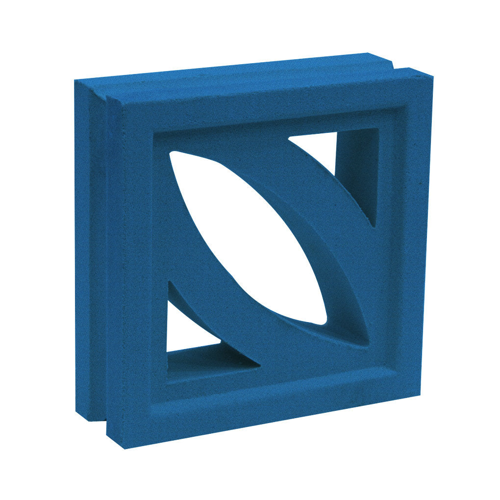 The Coz by New York Cement Tile is a blue, square breeze block with geometric cut-outs for stylish decorative partitions.