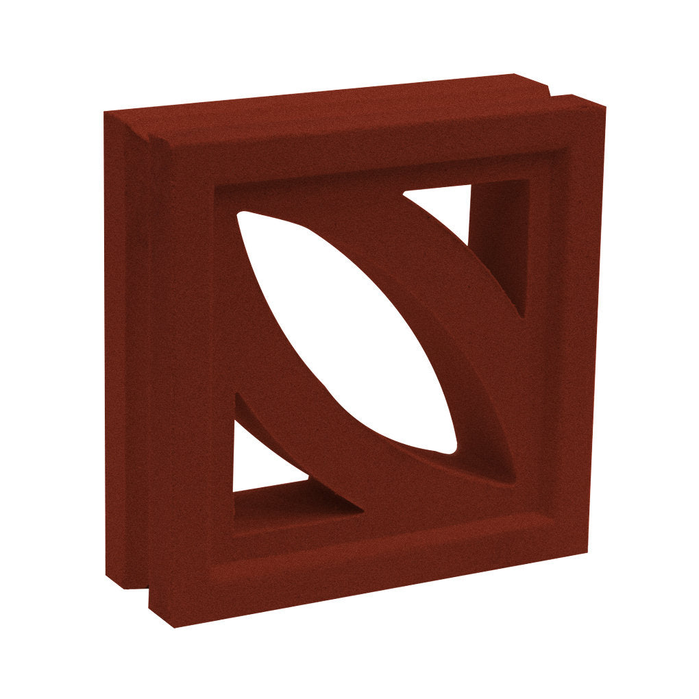 The Coz by New York Cement Tile is a red breeze block with a geometric cut-out, ideal for mid-century modern partitions.