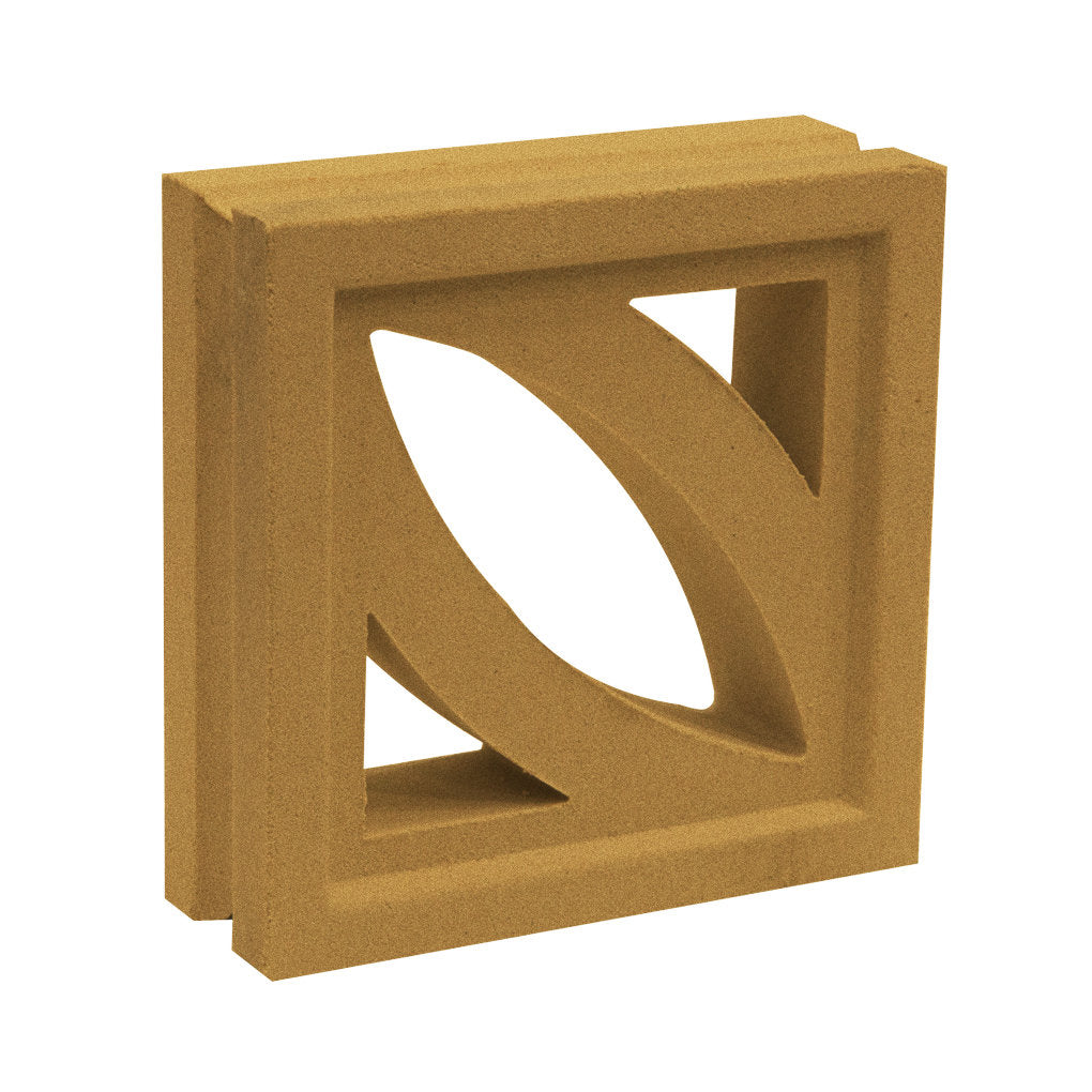 The Coz by New York Cement Tile is a square brown breeze block with a geometric cutout, ideal for mid-century style partitions.