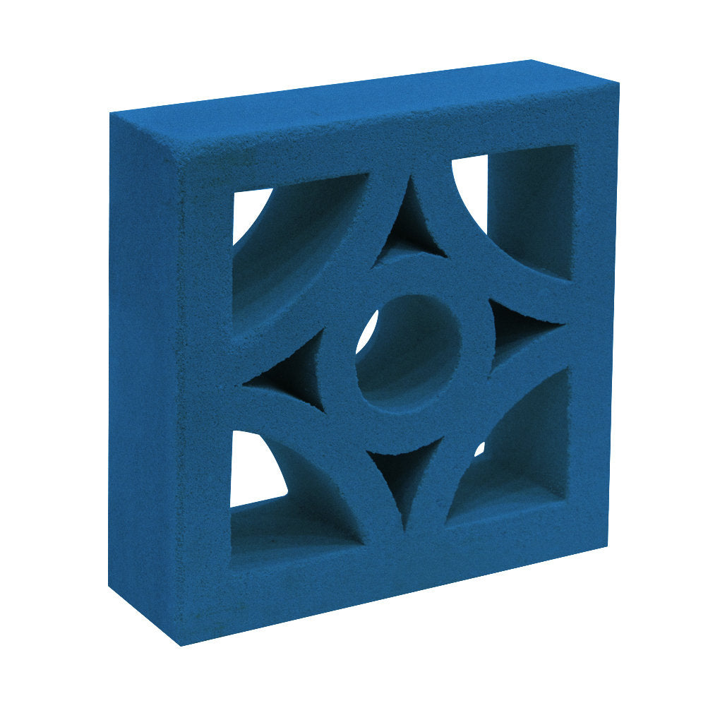 The Cura Sample by New York Cement Tile is a blue breeze block with geometric cutouts and a circular center, ideal for partitions.