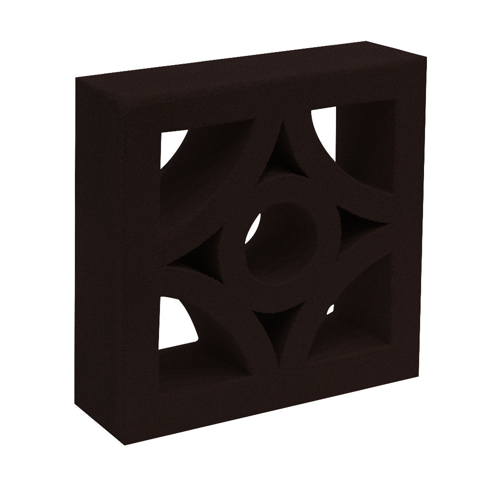 The Cura Sample by New York Cement Tile is a dark brown breeze block with circular, geometric cutouts for decorative partitions.