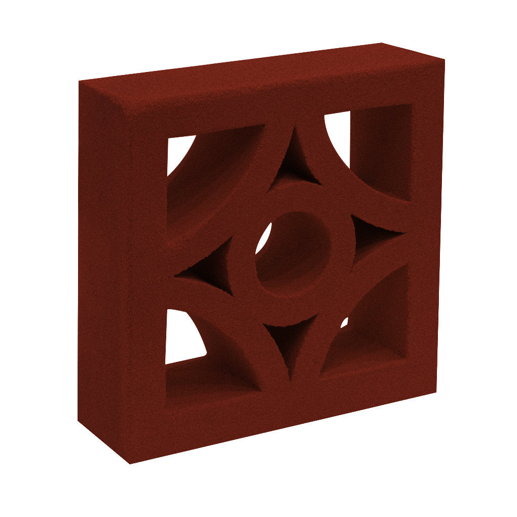 Cura Sample by New York Cement Tile: red breeze block with central circle and curves, perfect for decorative partitions.