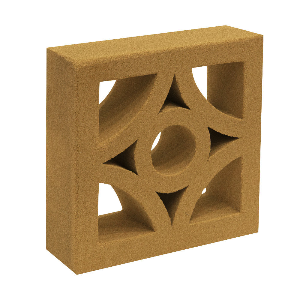 The Cura Sample by New York Cement Tile is a tan concrete breeze block with a geometric cut-out, ideal for partitions or screens.