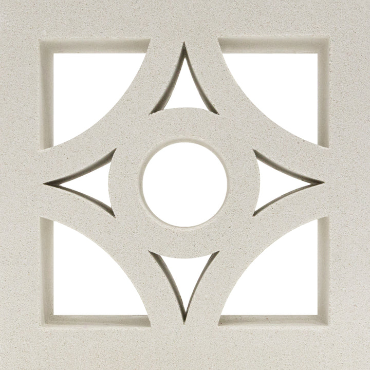 The Cura Sample by New York Cement Tile is a square breeze block with a circular cutout, ideal for stylish partitions.