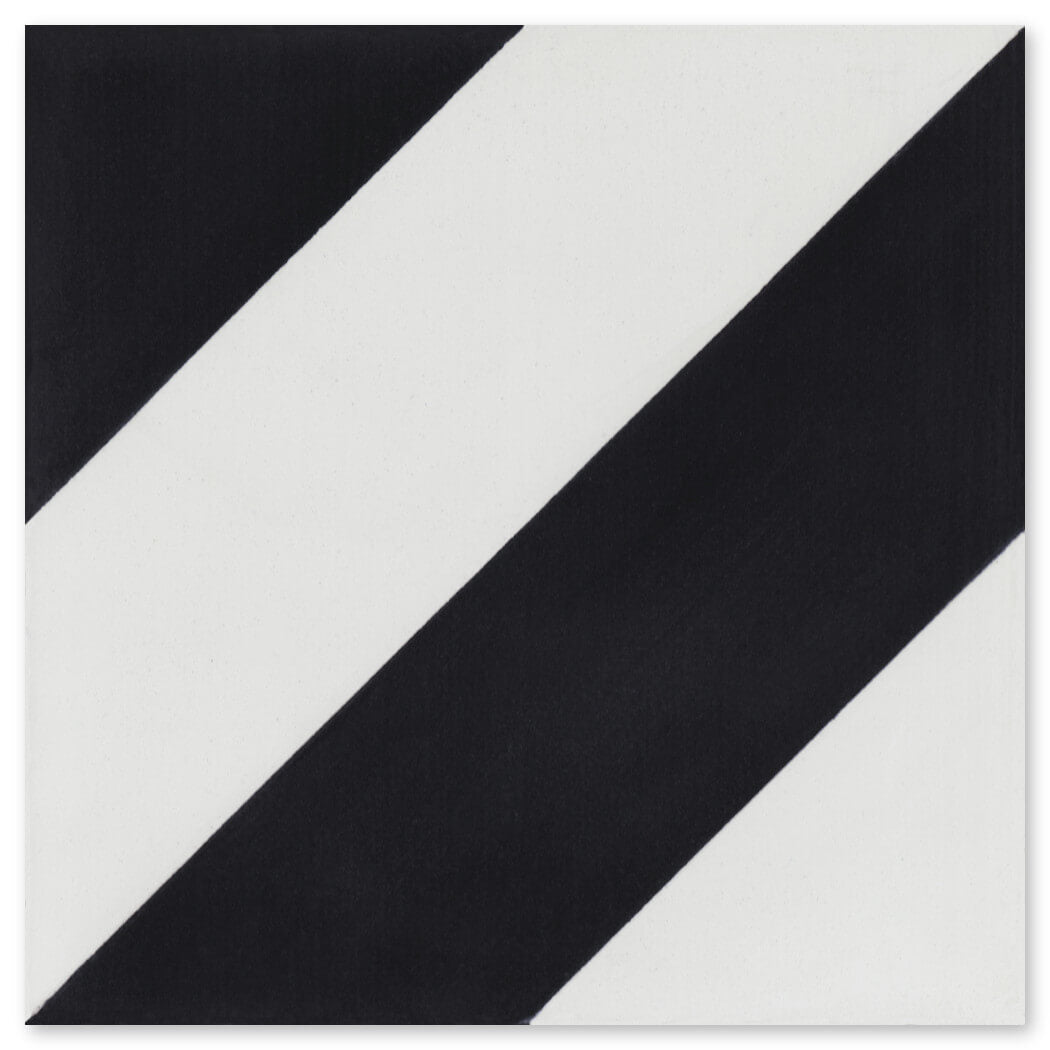 The N20-215 B&N, Extra Sample by New York Cement Tile features two bold black stripes on a white canvas for a modern look.
