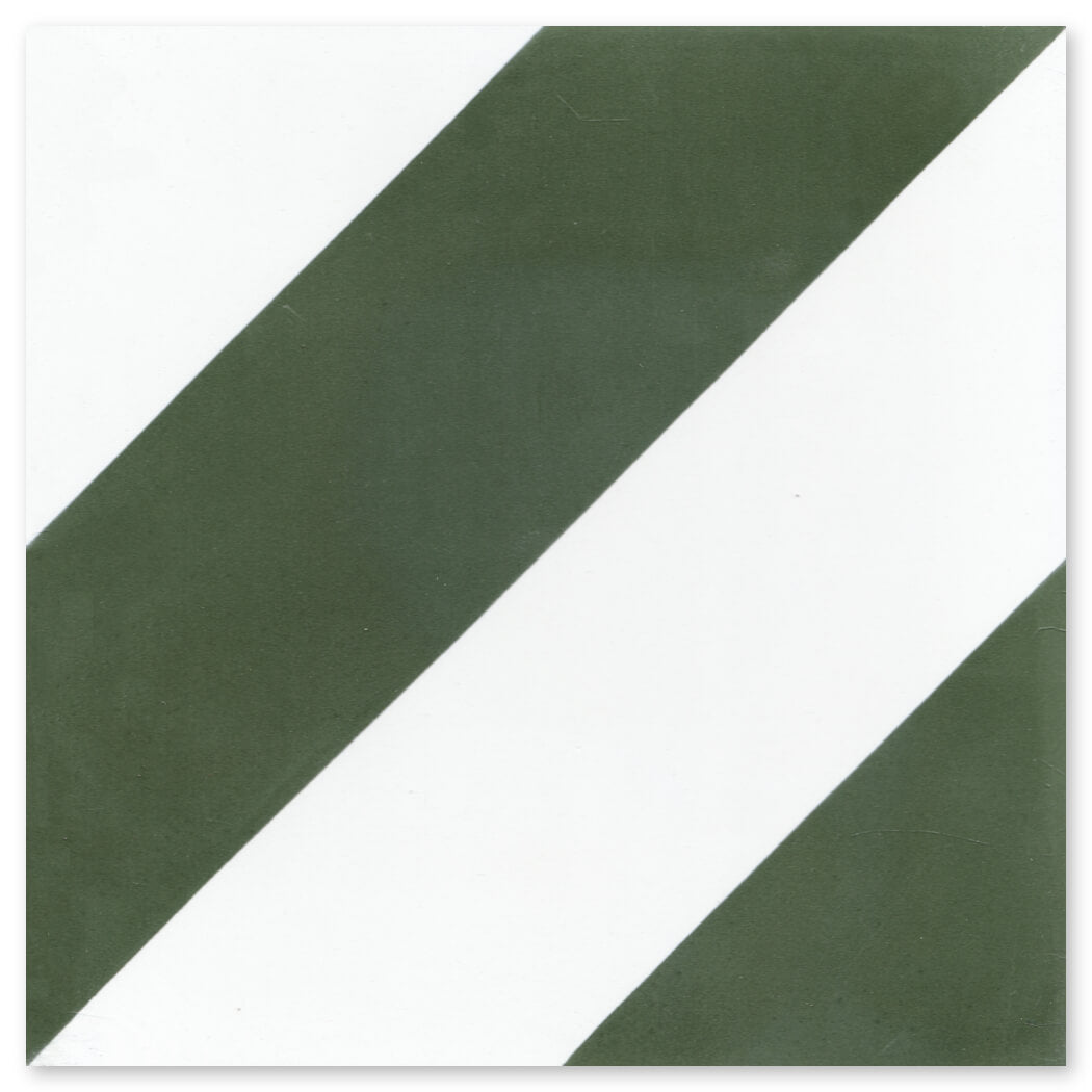 The N20-215 O&W, Extra Sample by New York Cement Tile is a square tile with two wide olive green stripes on white.