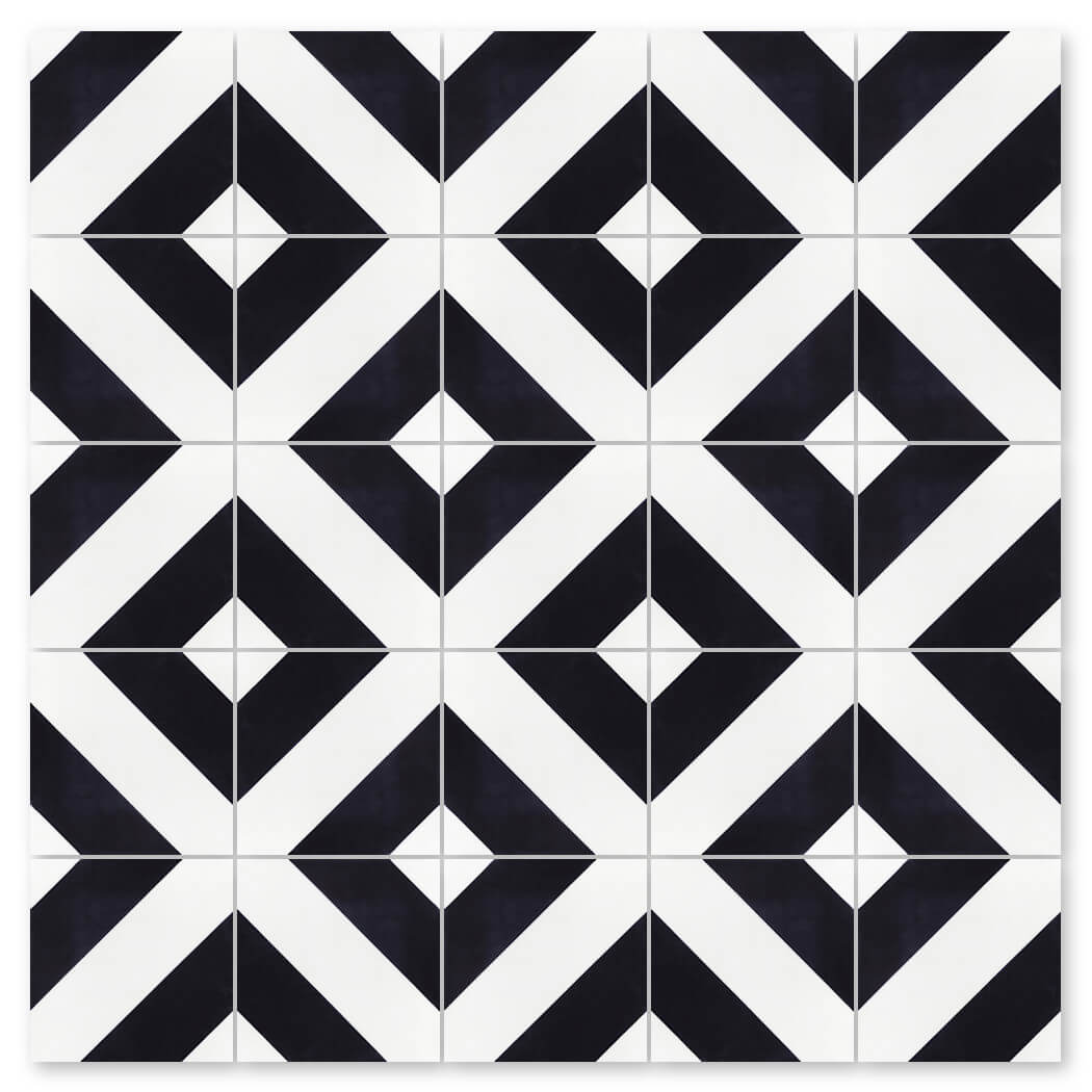 New York Cement Tile's N20-232 B&W sample features bold black and white diamond shapes with central smaller diamonds.