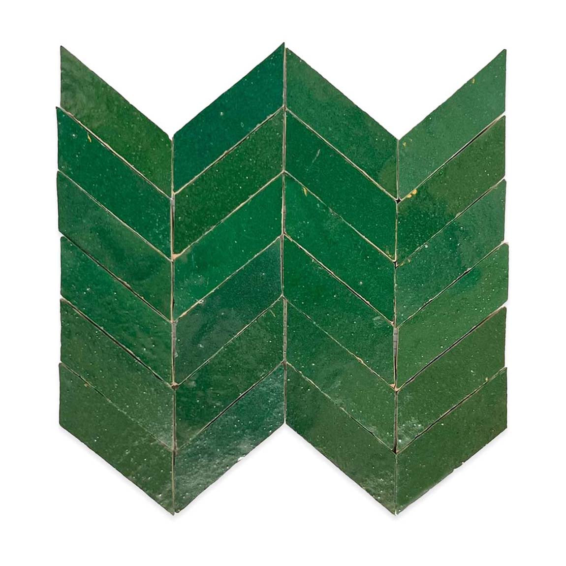 Forest Green Chevron Mosaic Mat by New York Cement Tile displayed in a chevron pattern on a white background.