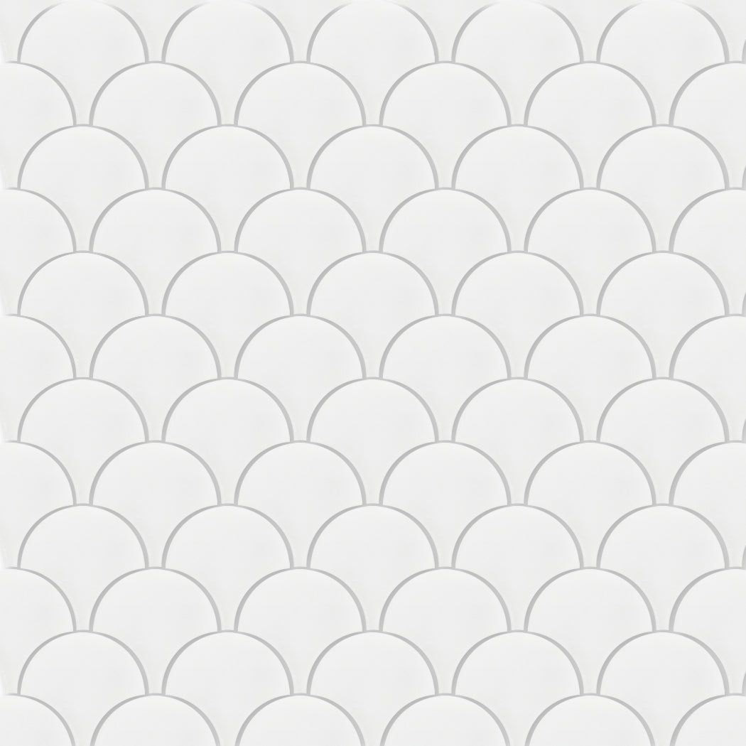 NF20-1100 by New York Cement Tile: Overlapping white scallops outlined with thin grey lines in a seamless pattern.