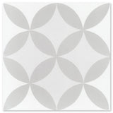 N20-061/062 by New York Cement Tile: Pale gray geometric flower pattern with overlapping petals on a white square tile.