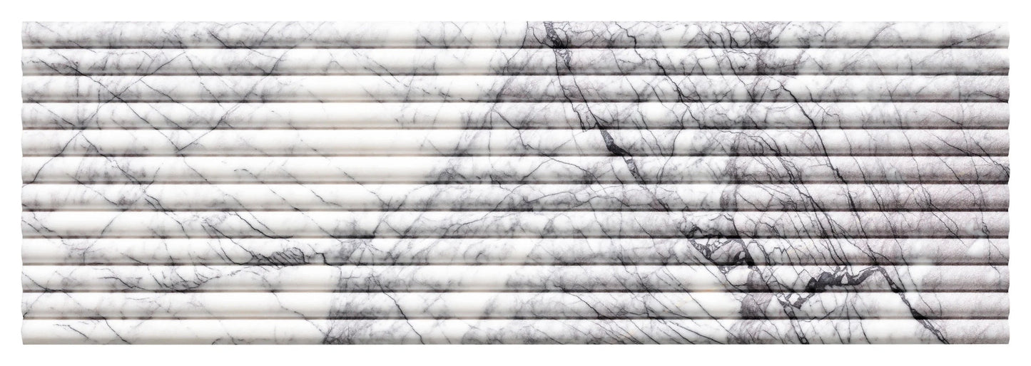 Gelo - Sample by New York Cement Tile: a luxury white and gray marble tile with horizontal grooves and dark veining.