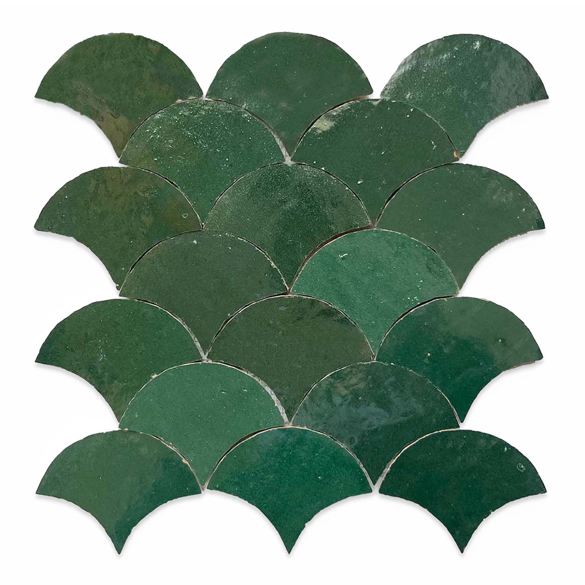 GLAZED MOSAIC MAT FISHSCALE- Jewel Green by New York Cement Tile: fan-shaped tiles with an overlapping scalloped pattern.