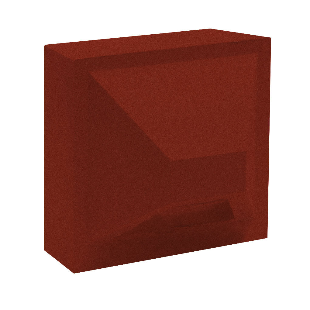 The Hawa Sample by New York Cement Tile is a red, translucent rectangular block with an angled indentation.