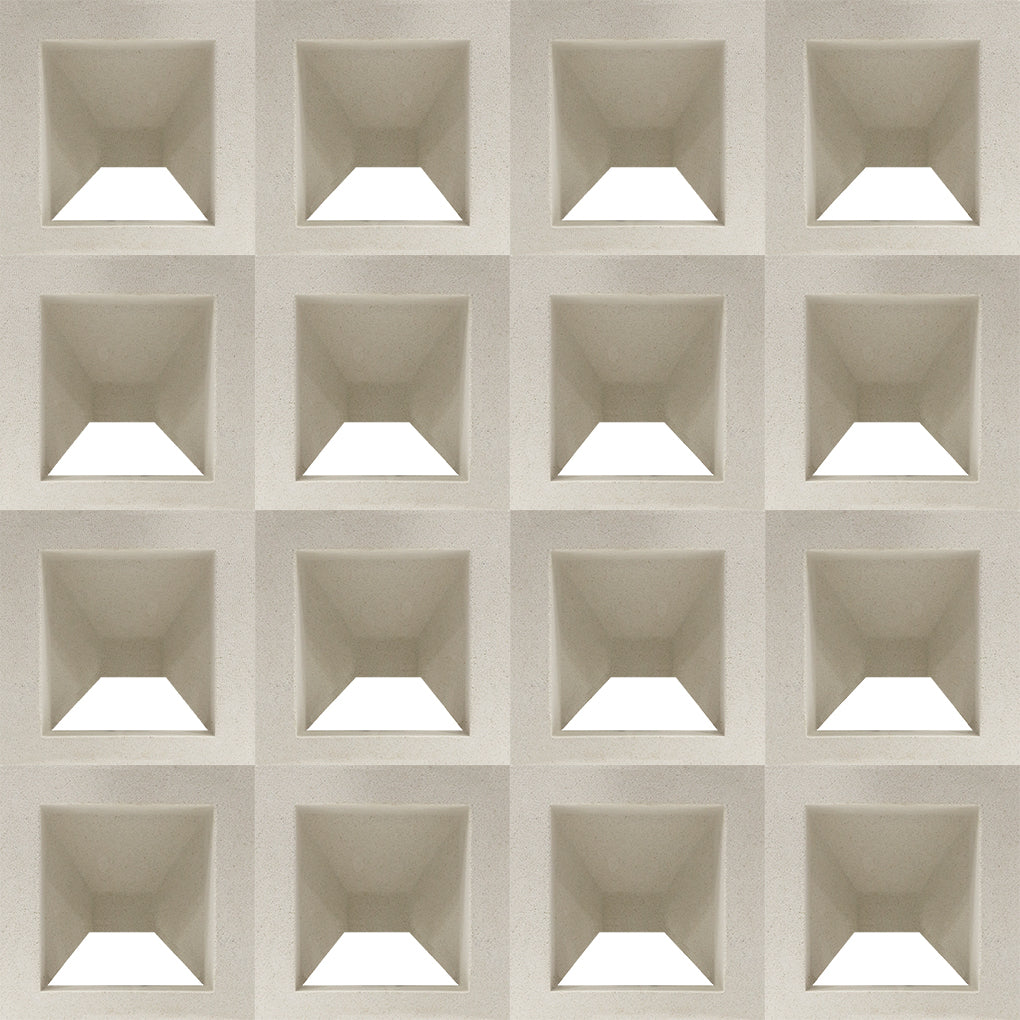 The Hawa Sample by New York Cement Tile features a grid of 16 recessed pyramids for a mid-century modern concrete pattern.