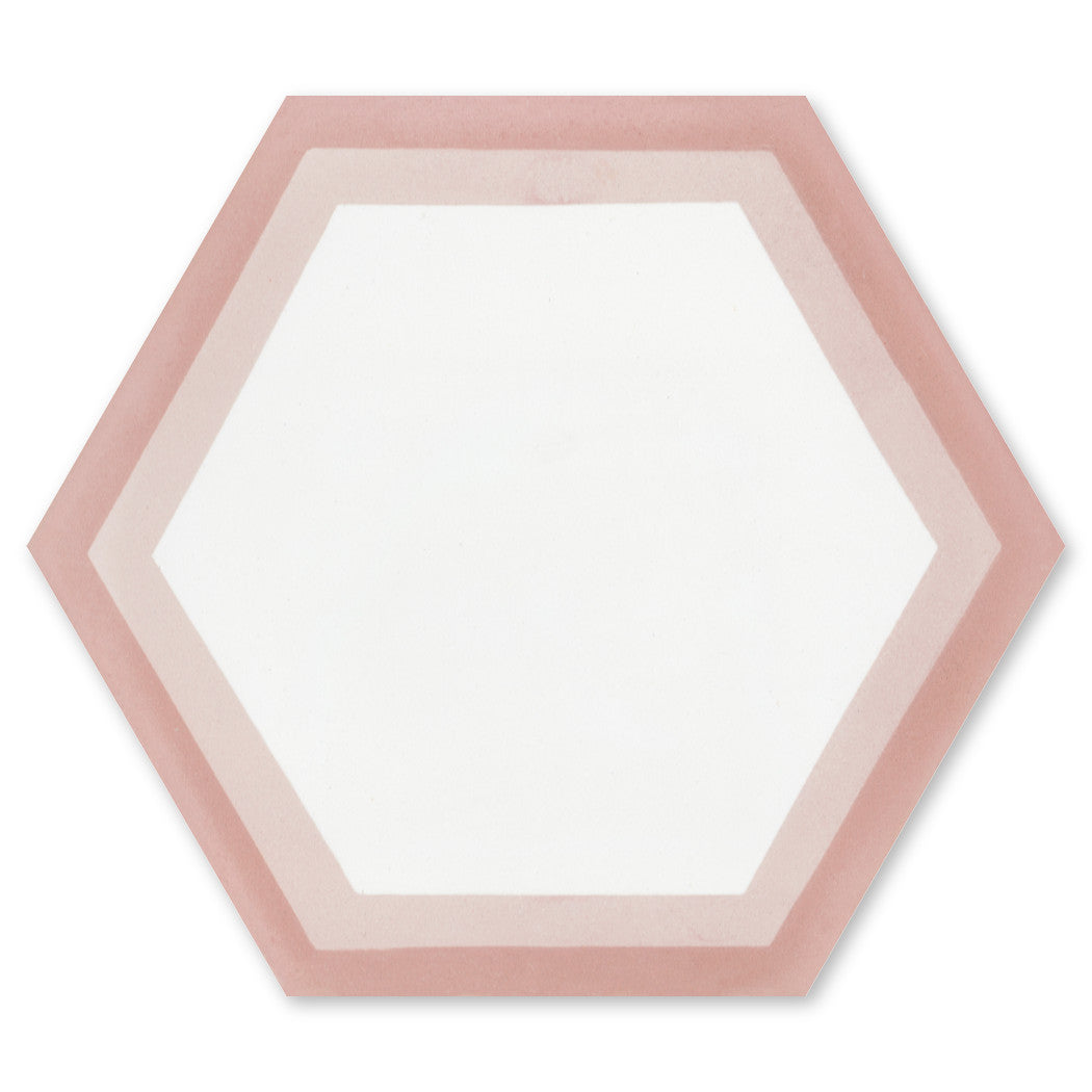 NH23-004 by New York Cement Tile: white hexagon tile with pink border and inner pink outline on a plain background.