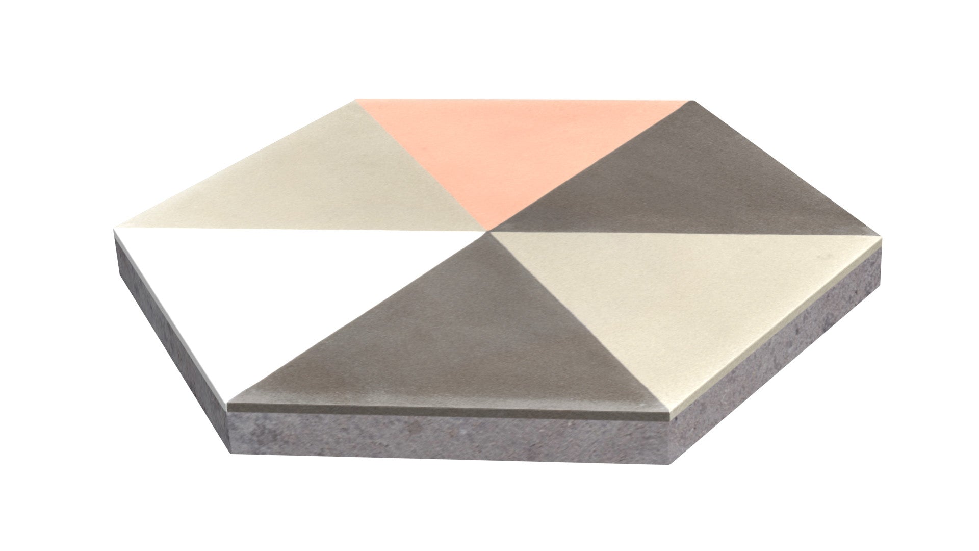 Hex Pie Neapolitan Sample by New York Cement Tile: hex tile with six triangle sections in white, beige, gray, brown, and pink.