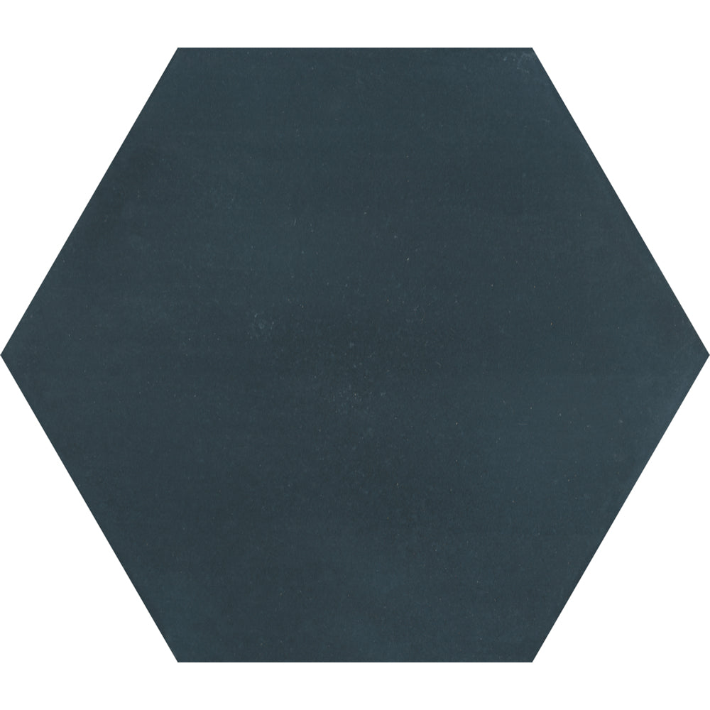 A solid dark blue hexagonal tile, NH23-4461 Sample by New York Cement Tile, on a white background.