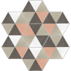 Hex Pie Neapolitan by New York Cement Tile features hexagonal cement tiles in beige, peach, gray & white geometric patterns.