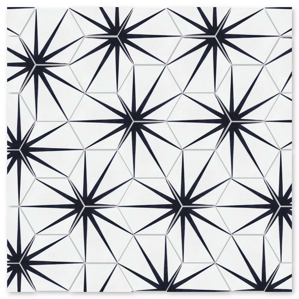 NH23-054 B&W by New York Cement Tile: black starburst geometric triangles on white slip-resistant hexagon cement tiles.