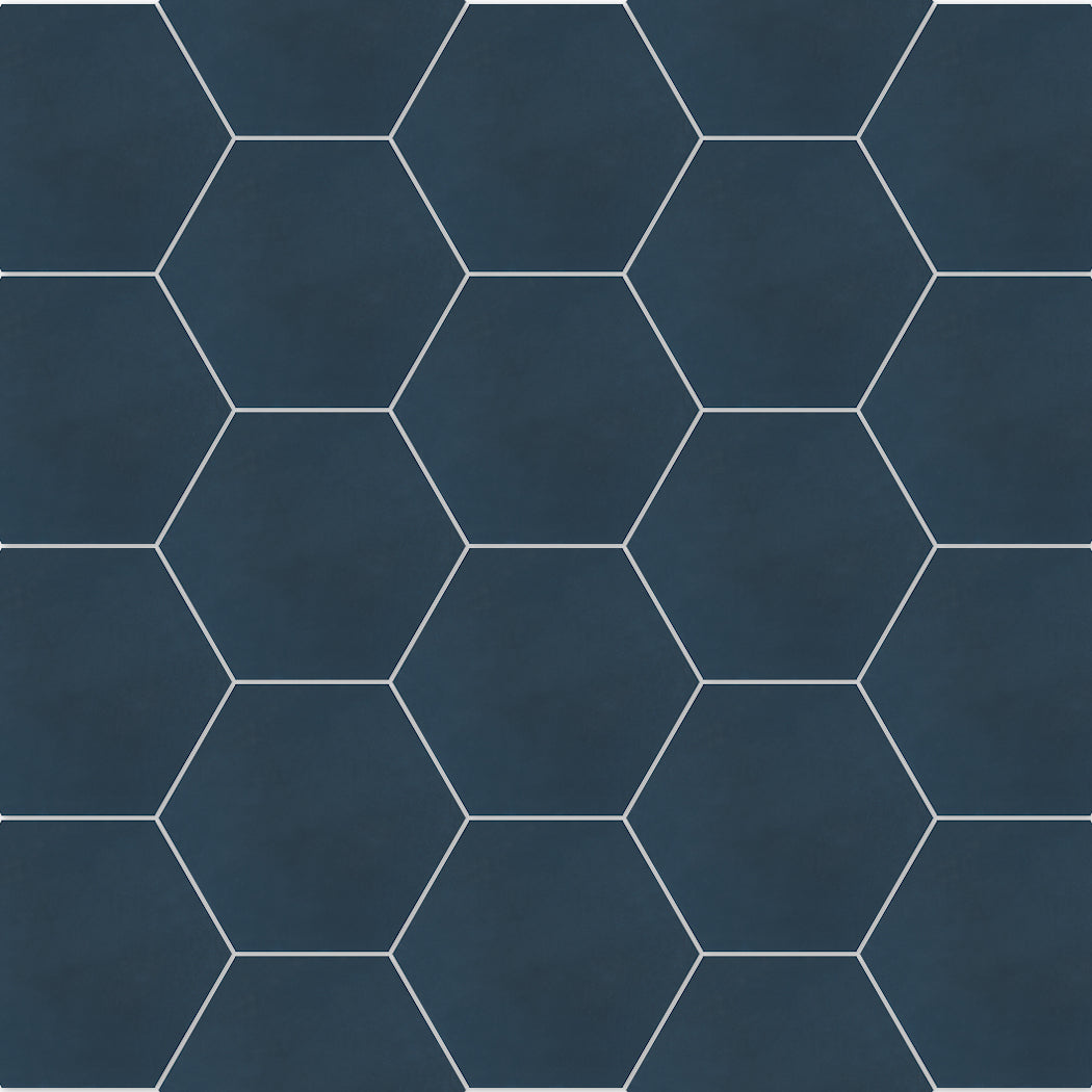 New York Cement Tile's Solid Hex- Navy samples feature dark blue hexagon tiles with thin white grout in a repeating pattern.