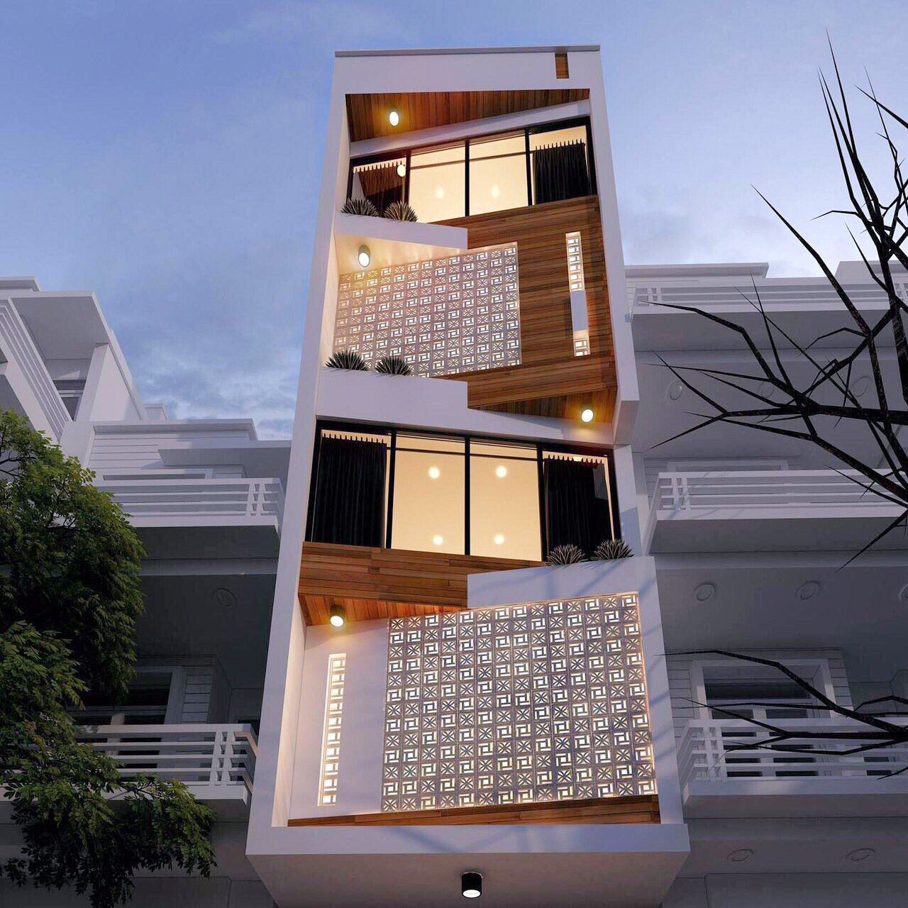 Beeza Sample by New York Cement Tile features geometric facade, breeze blocks, large windows, and warm evening lighting.
