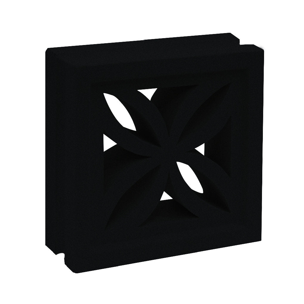 The Ibiza - NBB-001 Extra Sample by New York Cement Tile is a black breeze block with a flower-patterned cutout design.