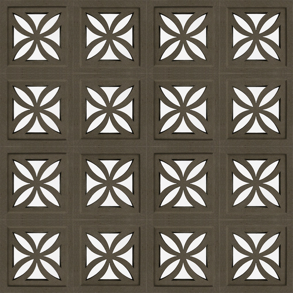 Beeza Sample by New York Cement Tile: square tiles with geometric breeze-block patterns and symmetrical floral cutouts.