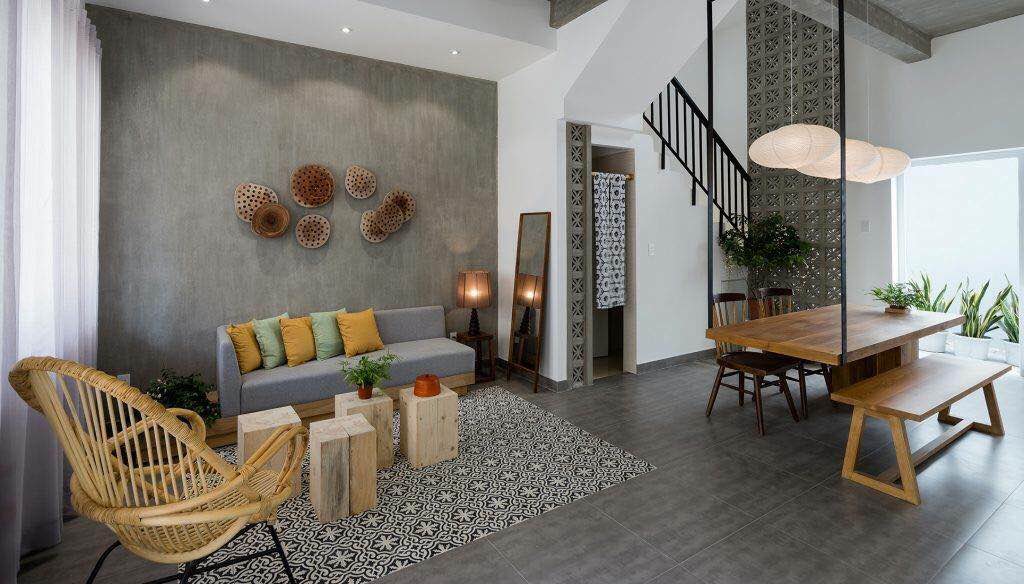 Modern living-dining room with Beeza Sample tiles by New York Cement Tile, gray sofa, wood furniture, and indoor plants.