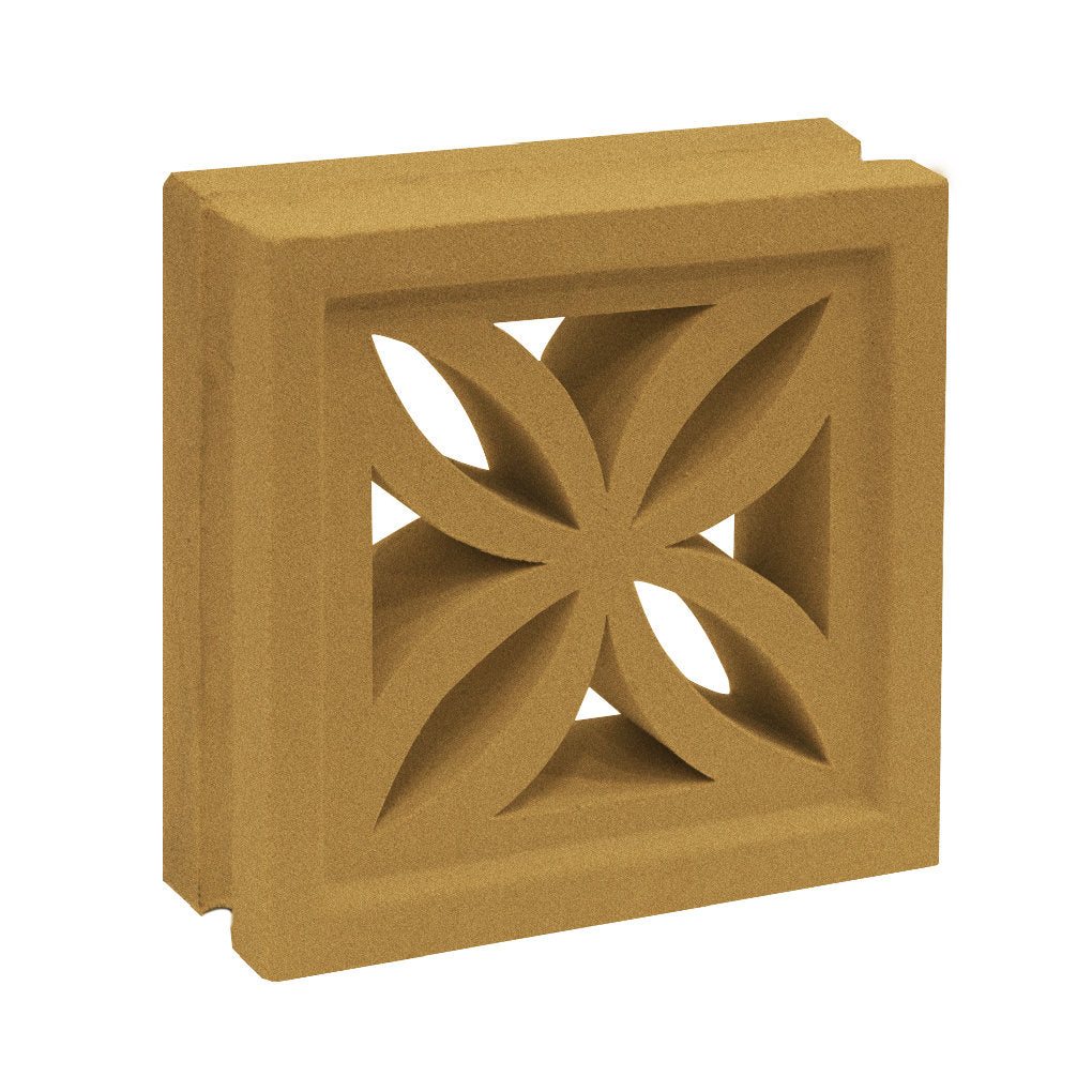 The Beeza Sample by New York Cement Tile is a tan concrete block with a floral cutout, ideal for mid-century partitions.