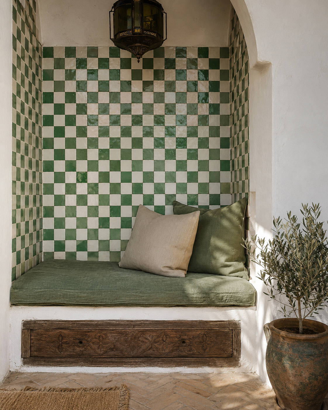 2X2 Checkerboard Zellige in Ivory Cloud and Green