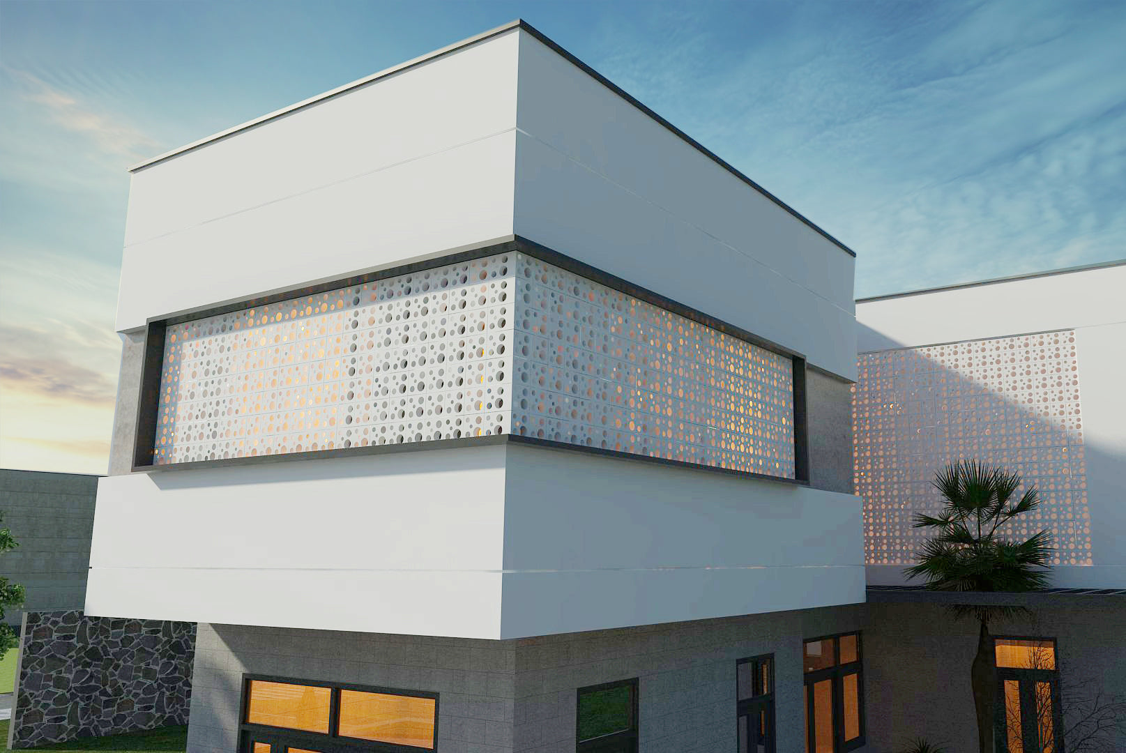 Jami by New York Cement Tile: modern white building with breeze blocks, large windows, and soft dusk lighting.