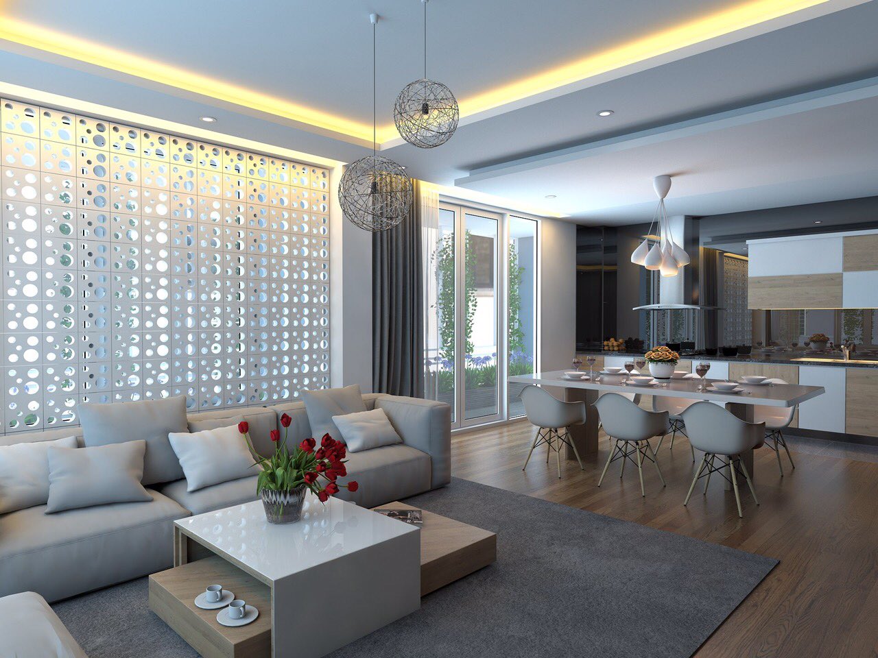 Modern open-plan living and dining area with neutral tones, stylish furniture, and large windows letting in natural light.