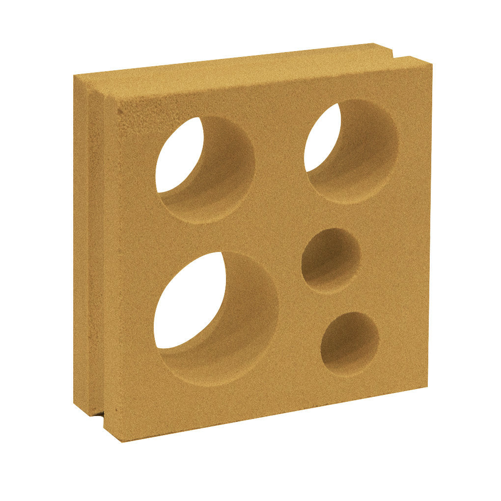 The Jami by New York Cement Tile is a square tan breeze block with five circular holes, ideal for stylish partitions.