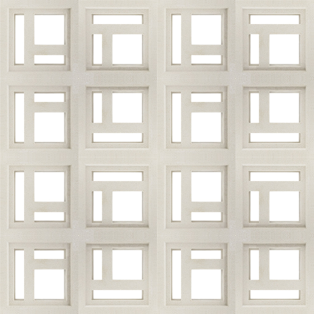 Katai Sample by New York Cement Tile: sixteen square beige tiles with geometric cutouts in a 4x4 mid-century grid.