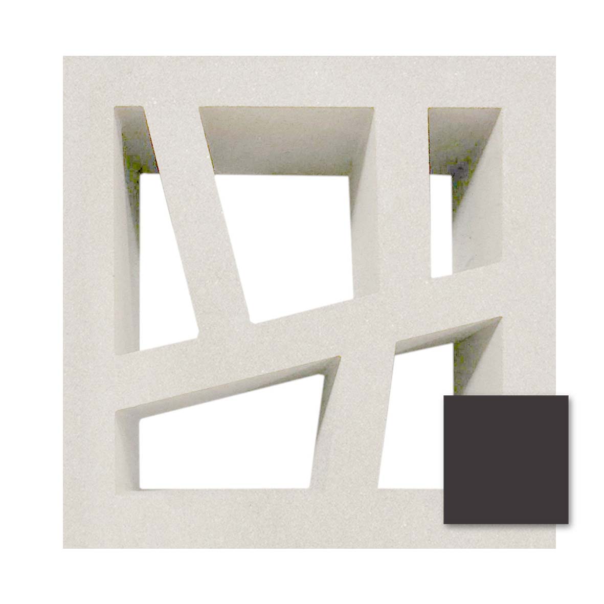 Kyush Sample by New York Cement Tile: white geometric breeze block shown with dark grey swatch in the bottom right corner.