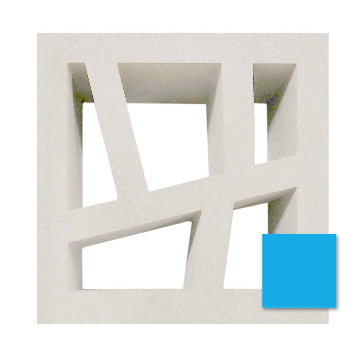 Kyush Sample by New York Cement Tile: white breeze block with irregular cutouts, blue square accent at lower right.
