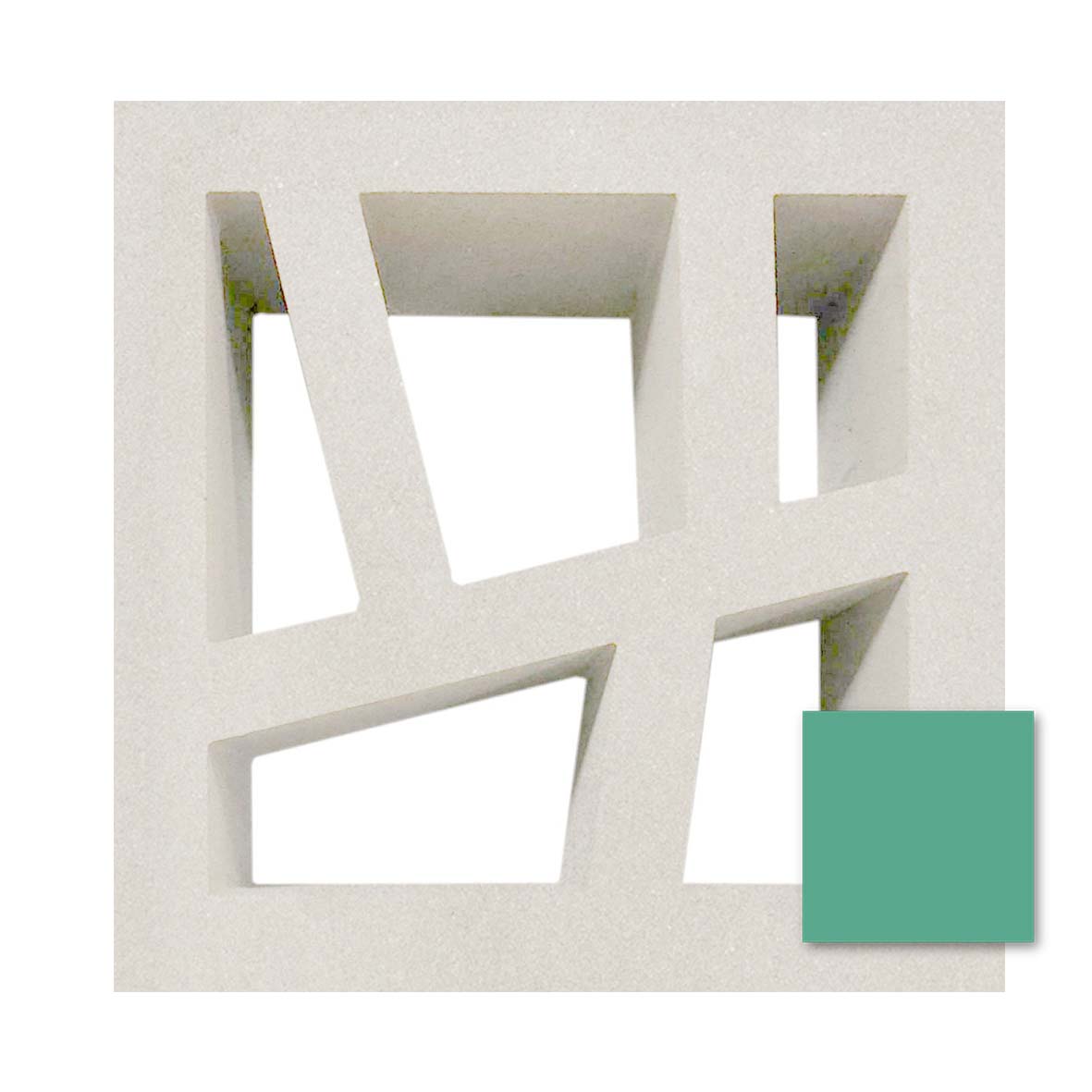 The Kyush Sample by New York Cement Tile is a white geometric breeze block screen with angled openings and a green square accent.
